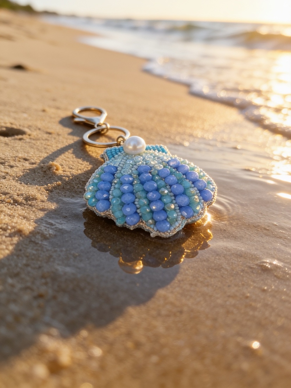 Altar'd State Beaded Seashell Keychain in Light Blue and Aqua with Pearl Accent